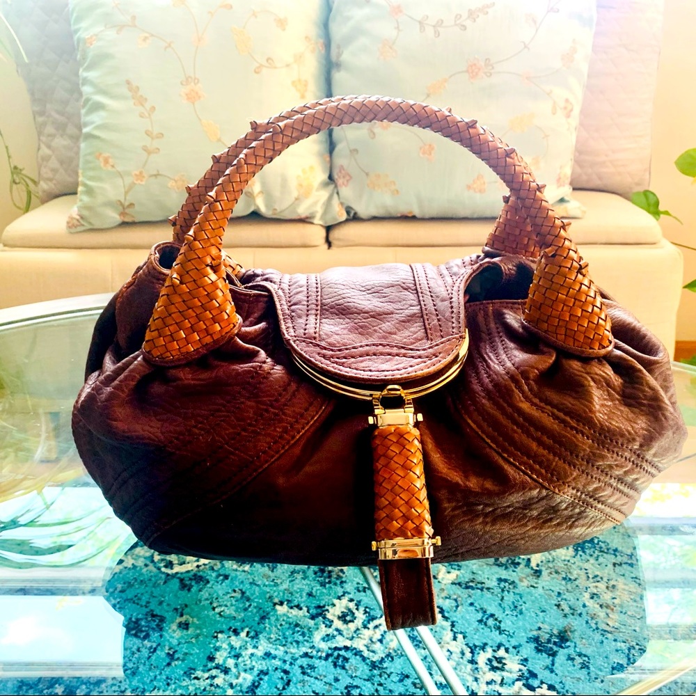 ✨BESSO✨Brown Genuine Textures Leather Hobo W/Woven Spiked Leather Handles
